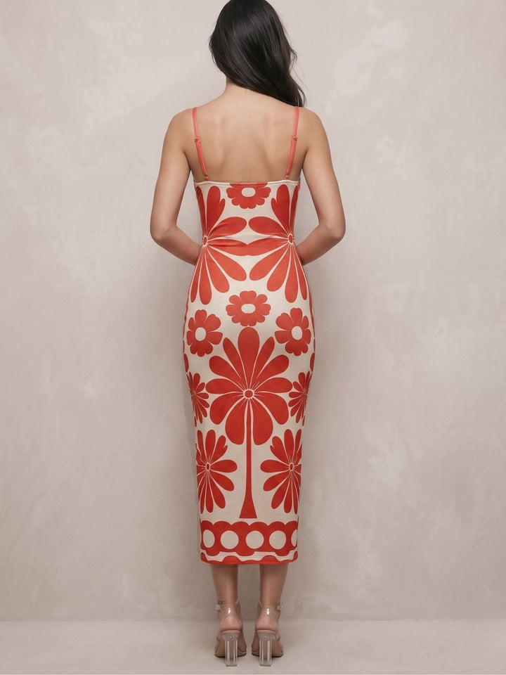 Red Spaghetti Strap Floral Printed Dress