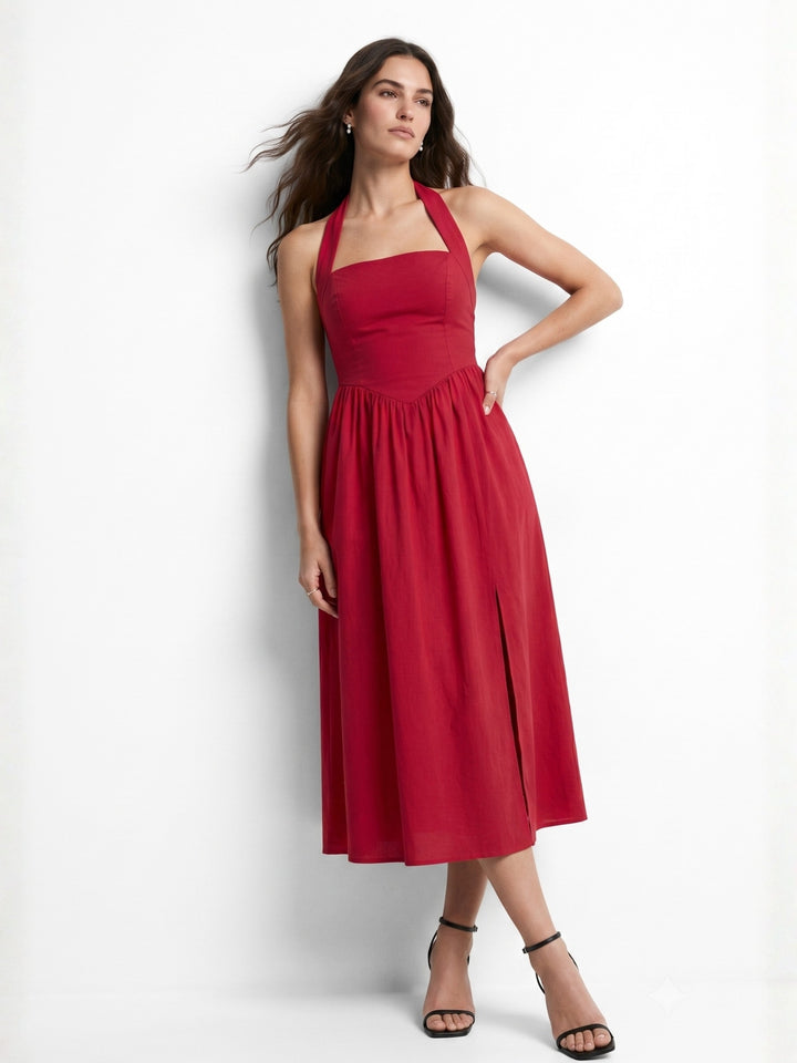 Red Square Neck Halter Dress With Pointed Waistline