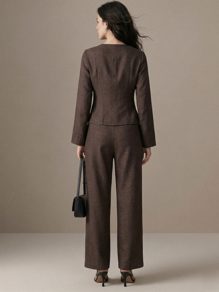 Brown Textured Wrap Top With Trousers Co-Ord Set