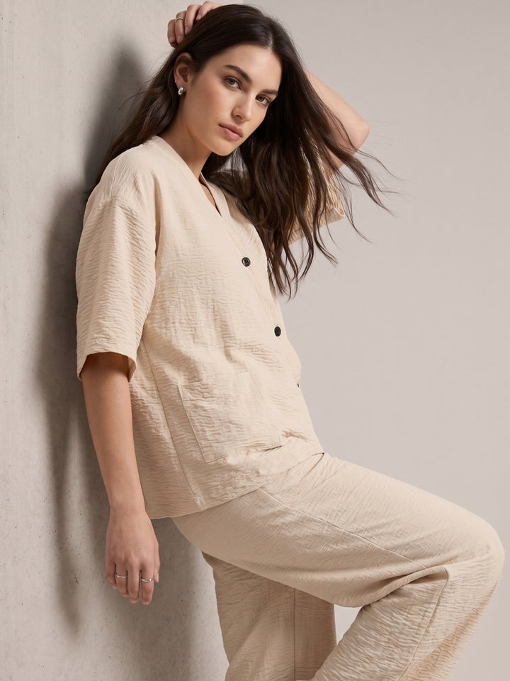 Beige V Neck Blouse With Wide Leg Trousers Co-Ord Set