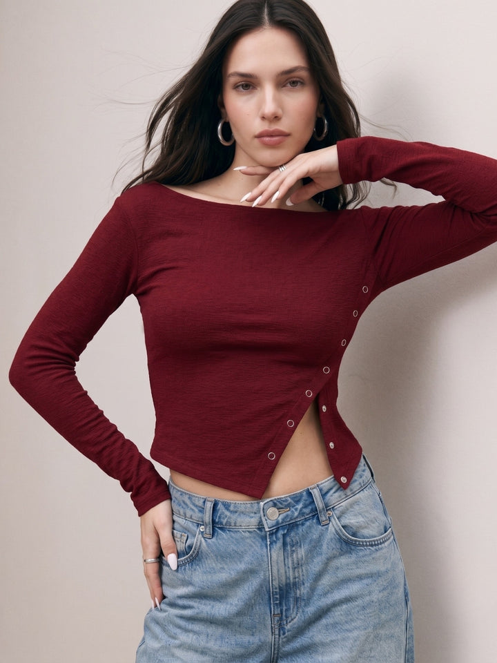 Wine Full Sleeve Side Buttoned Top