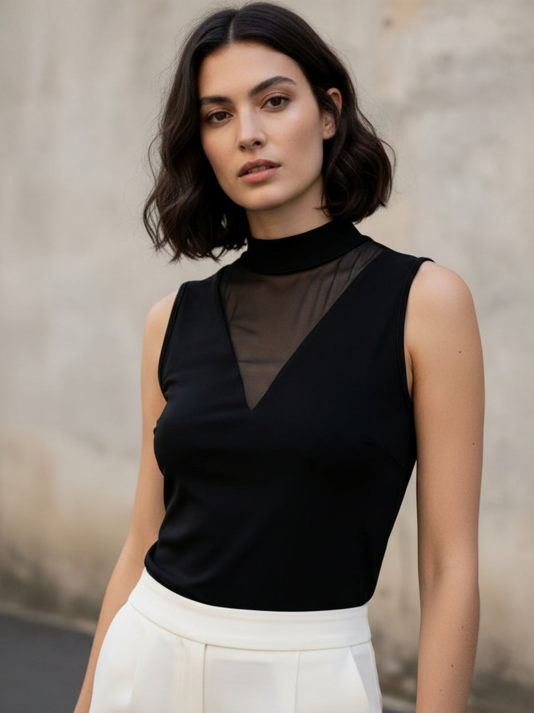 Black Sleeveless Round Neck Mesh Detail Top