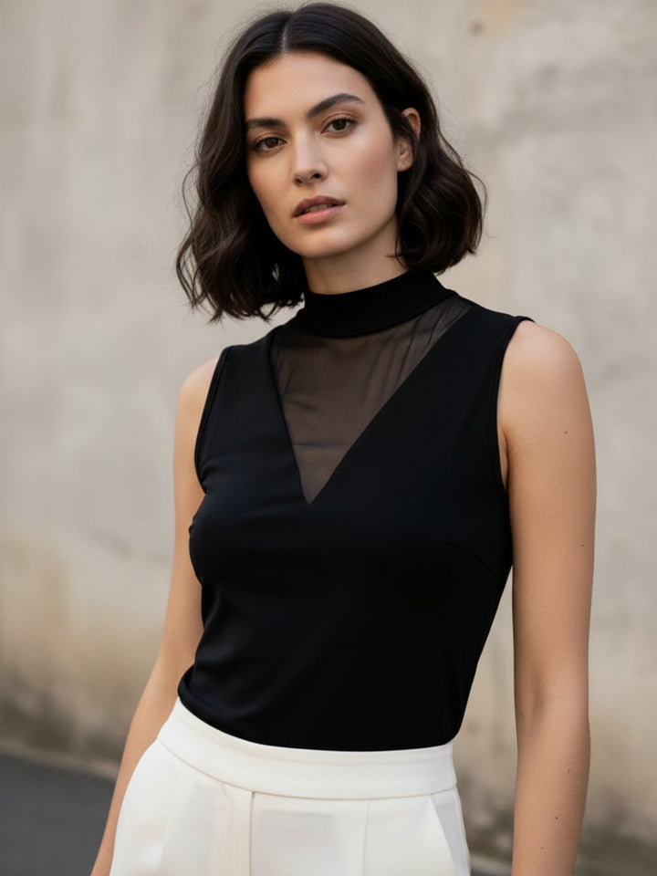 Black Sleeveless Round Neck Mesh Detail Top