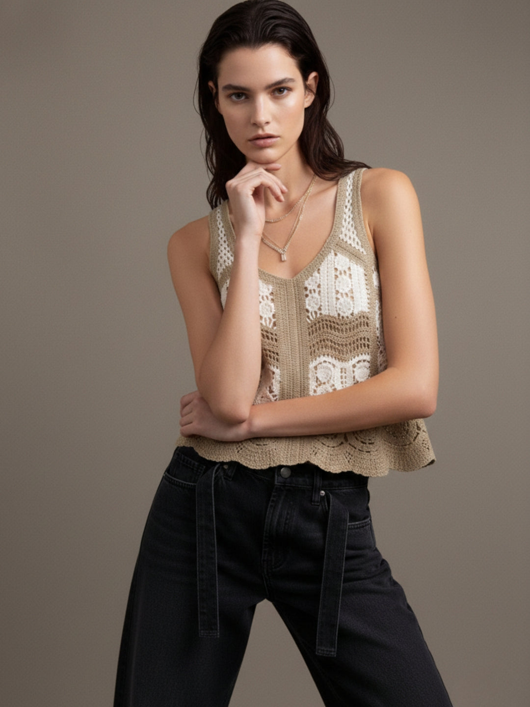 Olive Crochet Detail Top