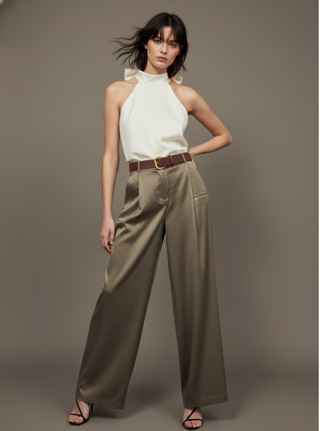 Beige Front Pleated Wide Leg Pant