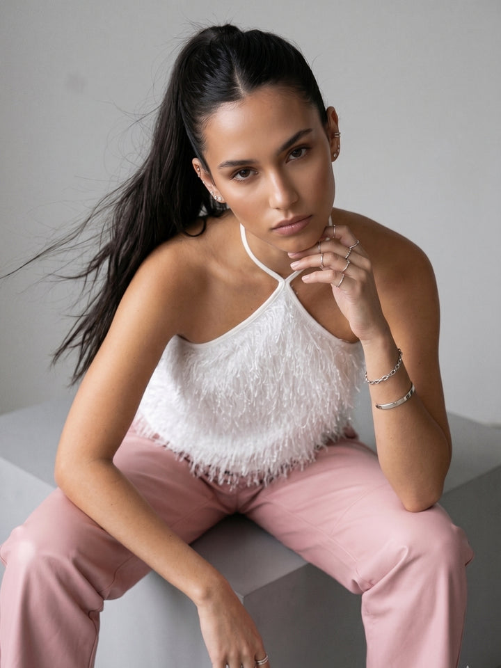 White Halter Neck Furry Top