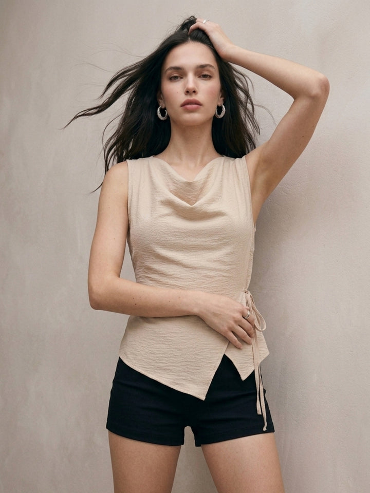 Beige Cowl Neck Wrap Blouse
