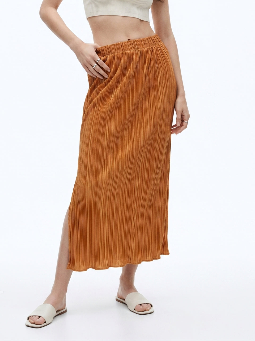 Mustard High Waist Textured Slit Skirt