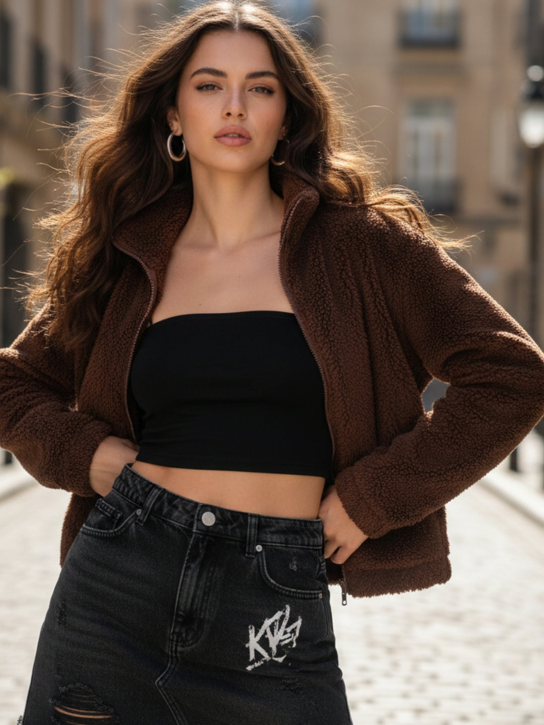 Brown Teddy Fur Collared Jacket