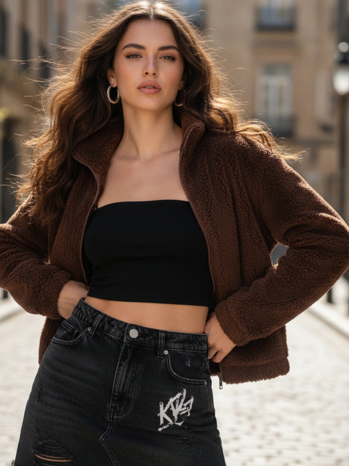 Brown Teddy Fur Collared Jacket