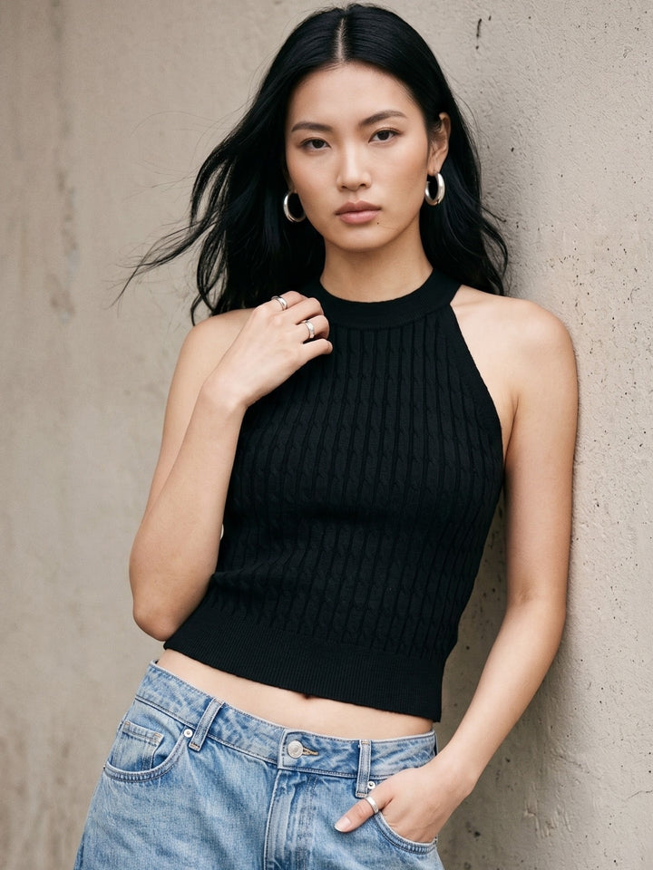 Black High Neck Cable Textured Tank