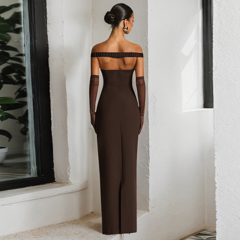 Brown Off-Shoulder Fit And Flare Dress