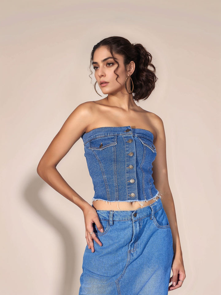 Blue Off Shoulder Front Buttoned Top