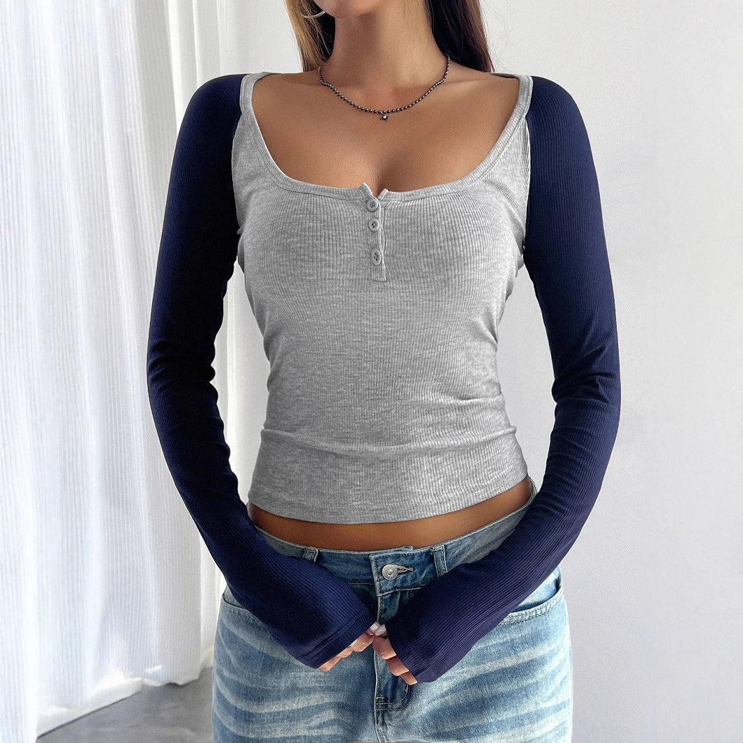 Grey Slim Ribbed Button Down Top