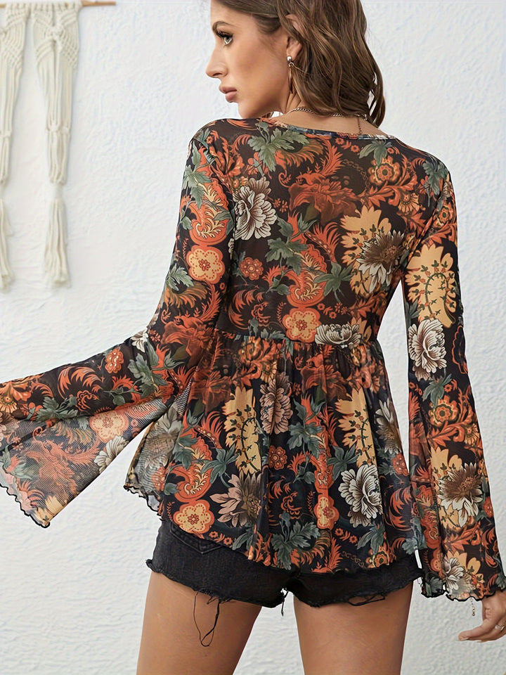 Multi Bell Sleeve Printed V-Neck Top