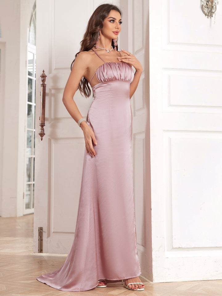 Pink Halter Neck Maxi Evening Dress