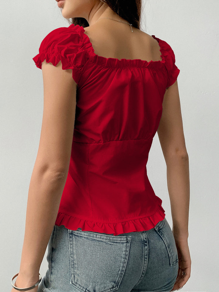 Red Off Shoulder Front Button Pleated Top
