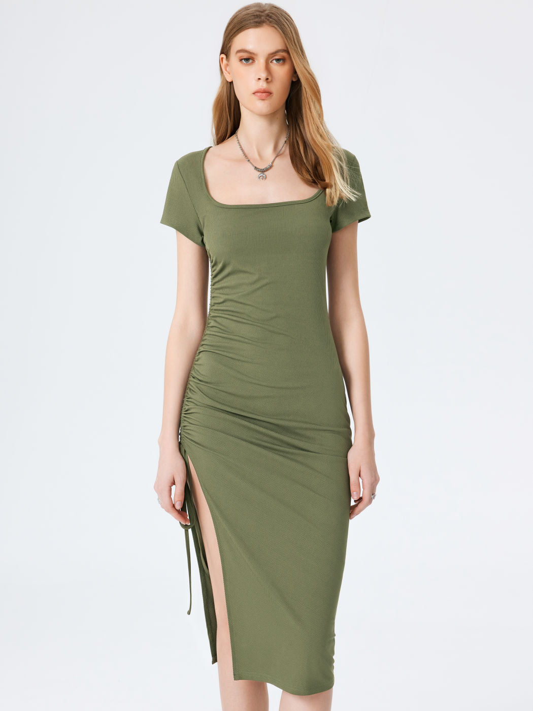 Green Square Neck Fitted Dress With Side Slit