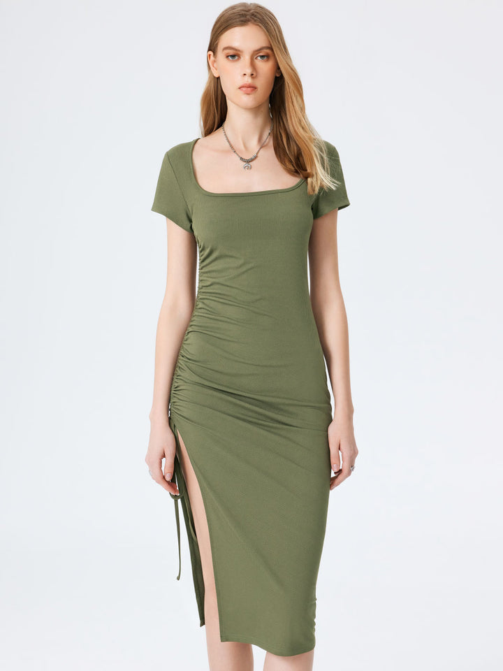 Green Square Neck Fitted Dress With Side Slit