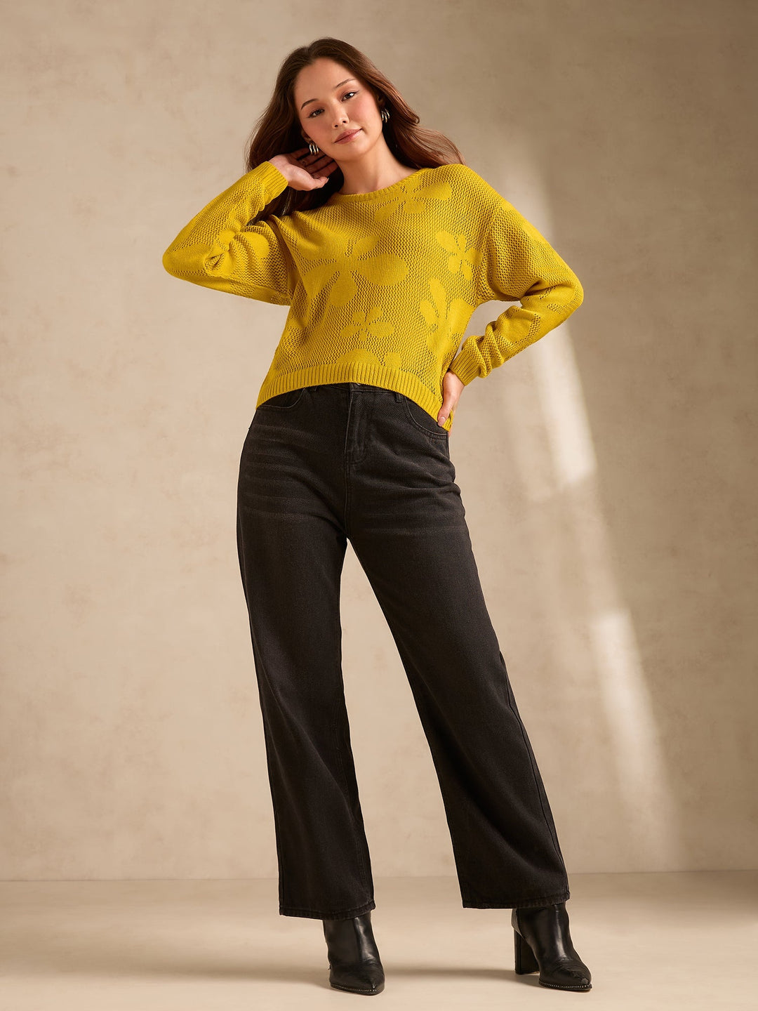 Mustard Bold Floral Print Sweater