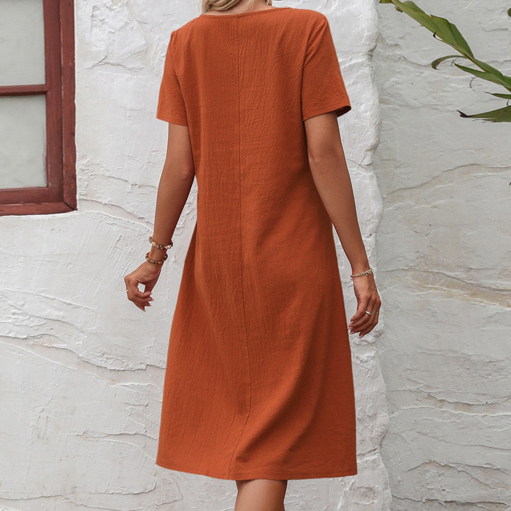 Orange Short Sleeve A-Line Dress