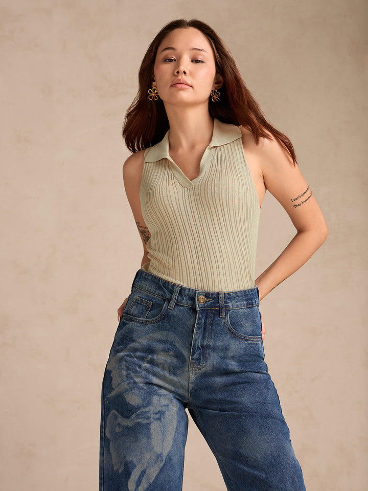 Beige Polo Flat Knit Tank