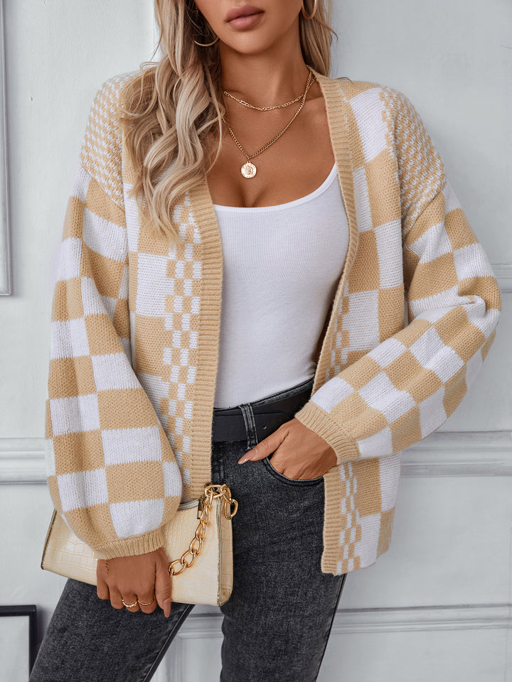 Beige Full Sleeves Checkered Cardigan