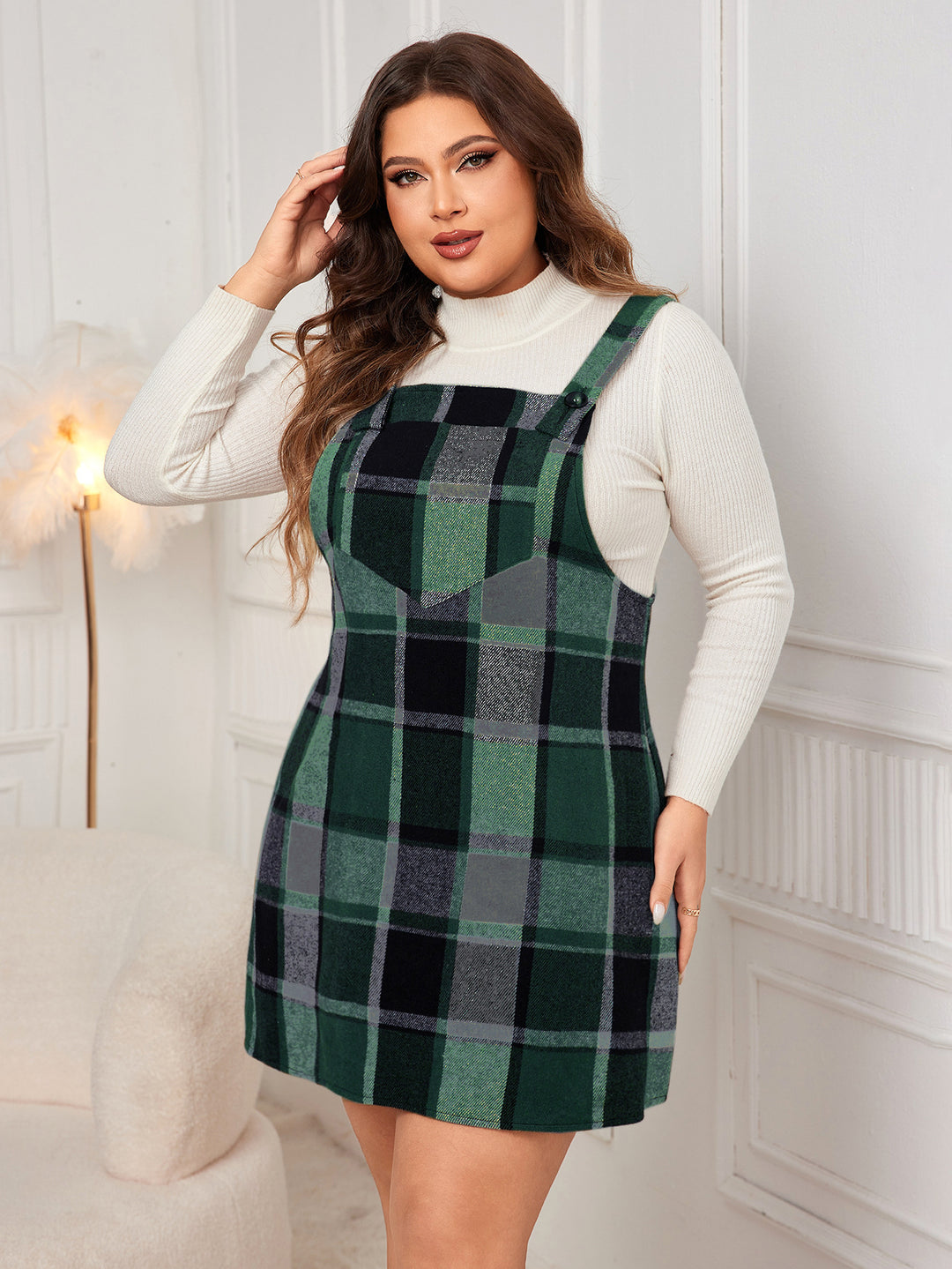 Green Check Mini Pinafore Dress With Yoke Detail