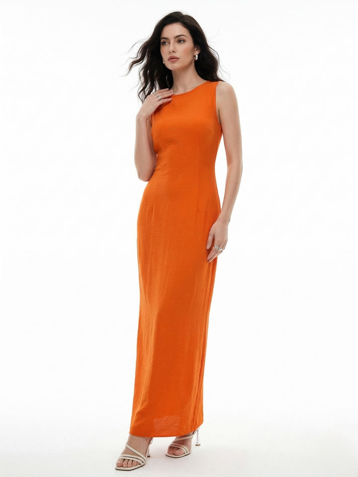 Orange High Neck Solid Textured Maxi