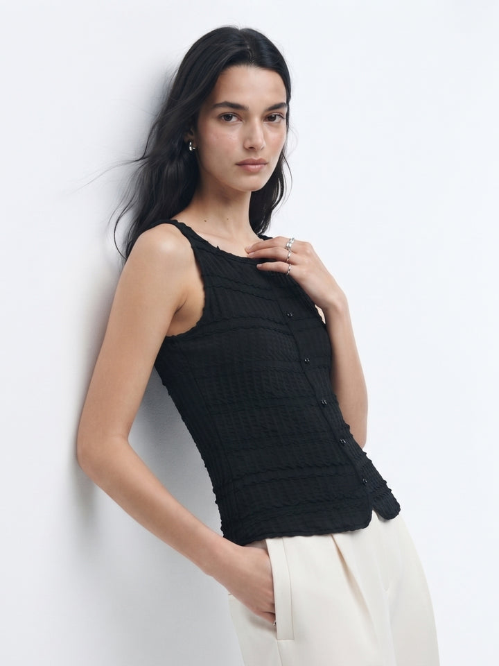 Black Sleeveless Front Buttoned Textured Vest
