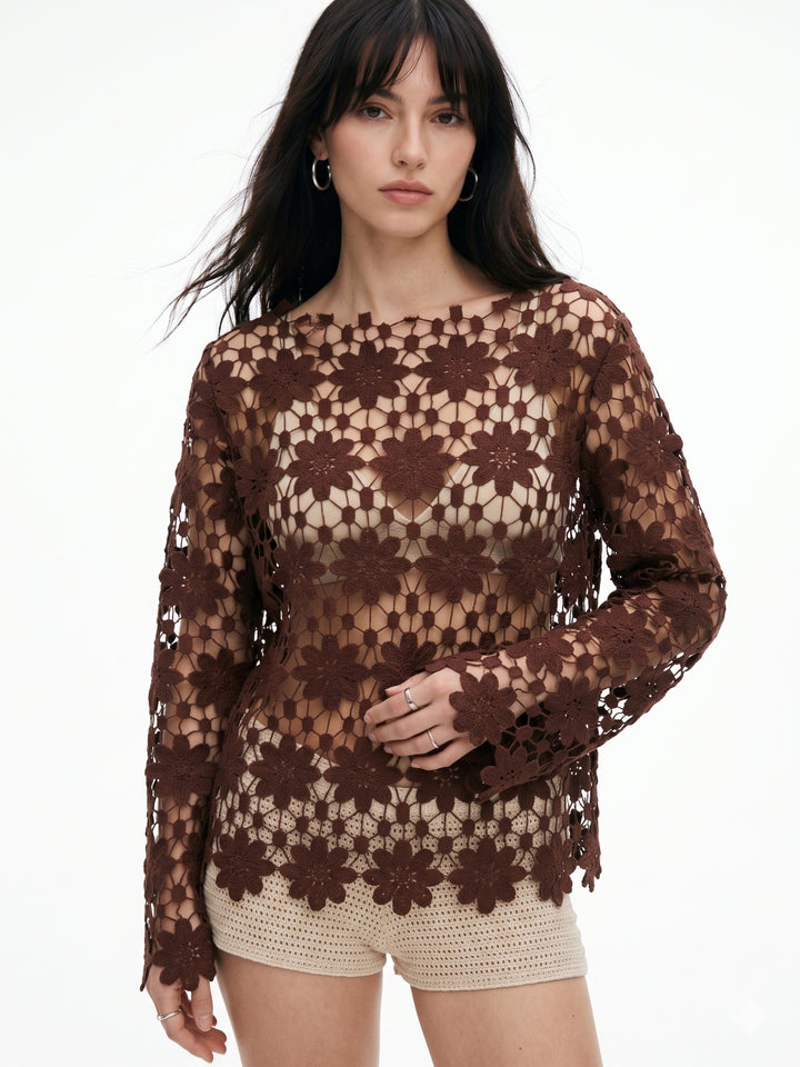 Brown Floral Lace Sheer Cover-Up