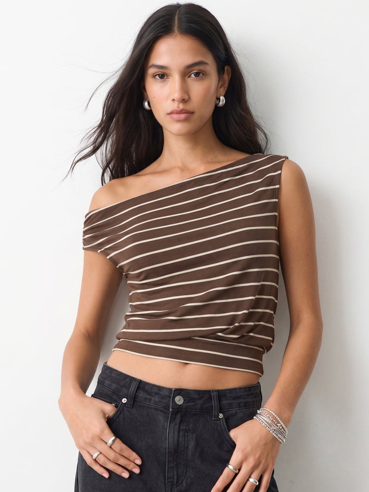 Brown One Shoulder Striped Top