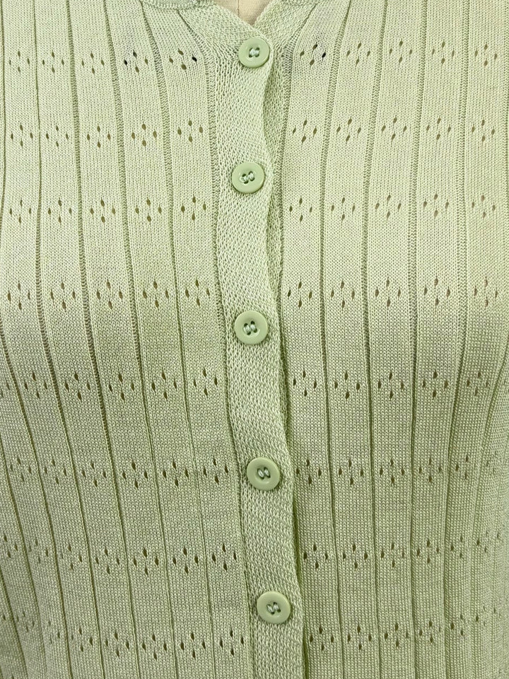 Mint Button Down Top With Lace Inserts At Hem And Sleeves