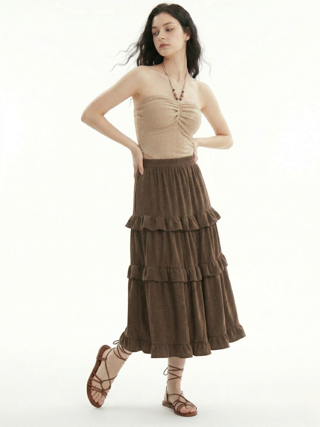 Brown Tiered Ruffle Detail Flared Skirt