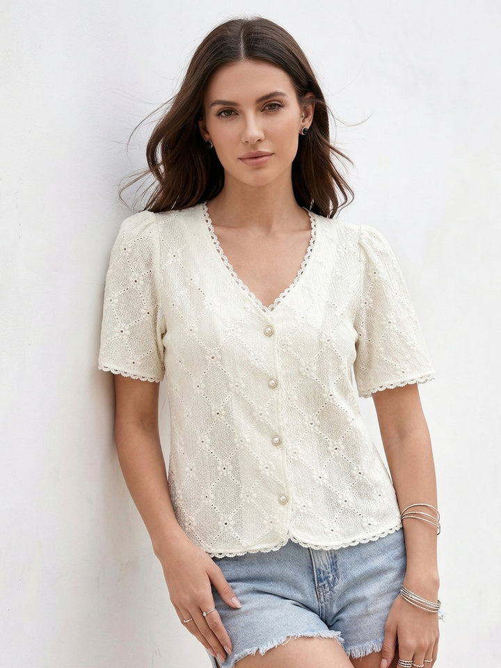 Off White Short Sleeve Lace Detail Front Buttoned Top