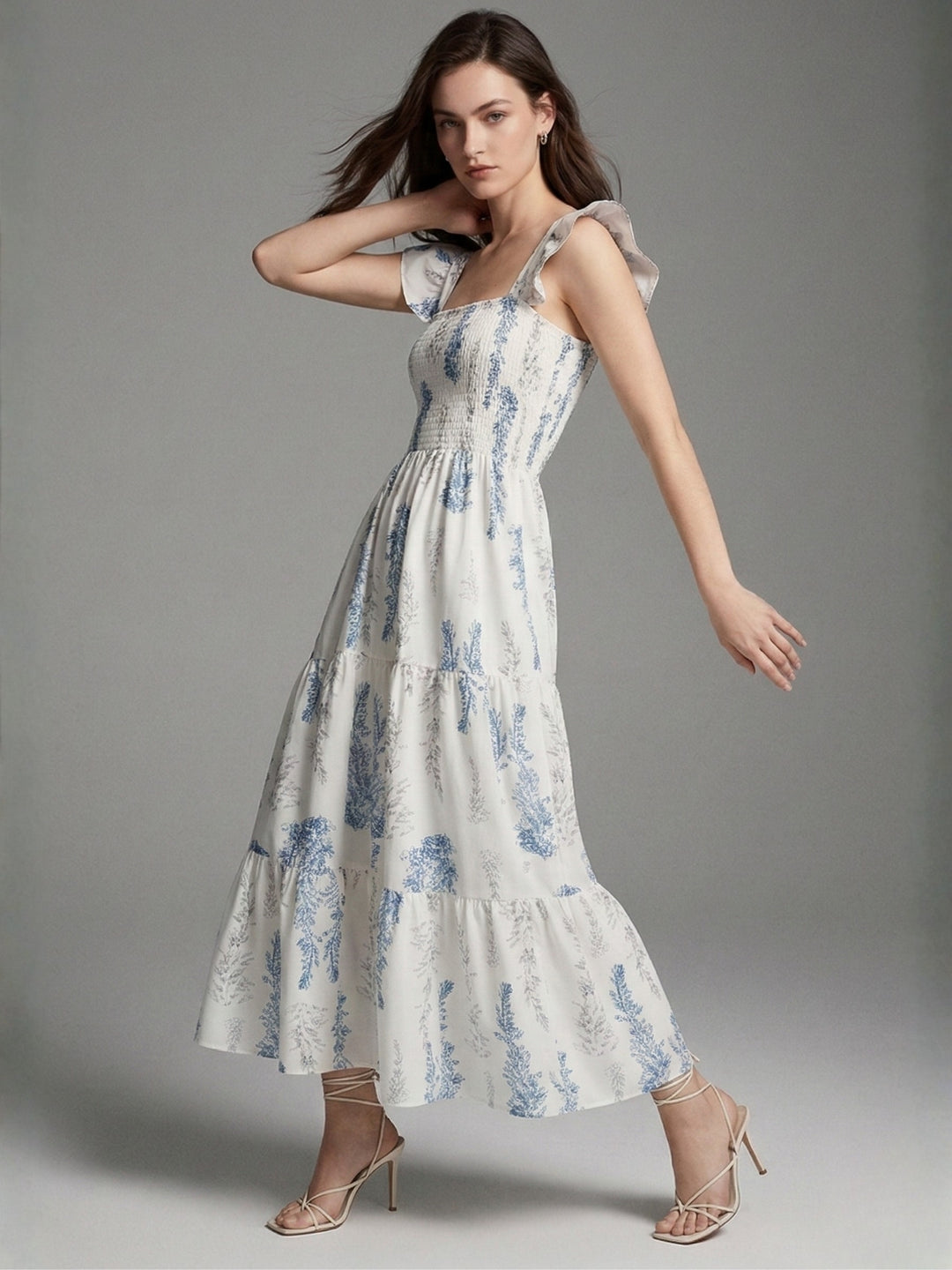 Off White Ruffle Sleeve Tiered Floral Printed Dress