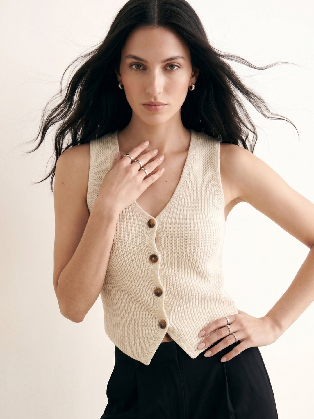 Cream Sleeveless Front Buttoned Crochet Tank