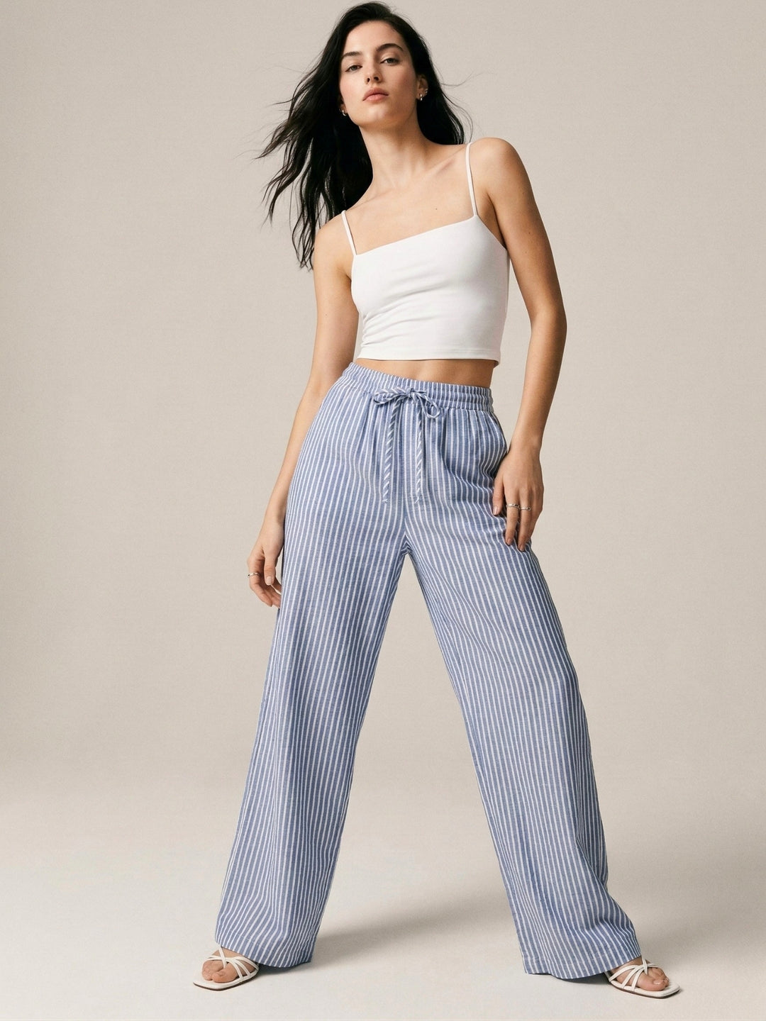 Blue Striped Elasticated Waistband Trouser