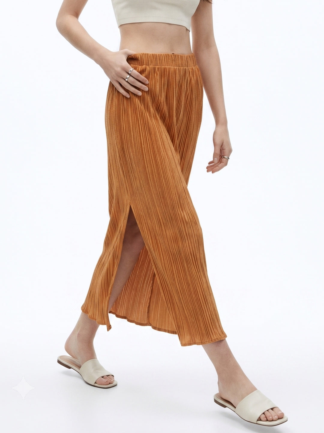Mustard High Waist Textured Slit Skirt