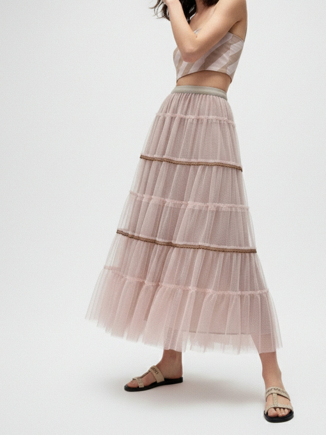 Beige Sheer Tonal Tiered Maxi Skirt