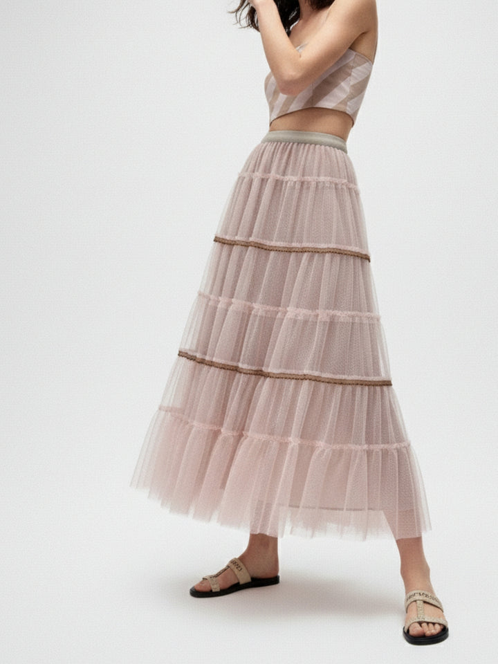 Beige Sheer Tonal Tiered Maxi Skirt