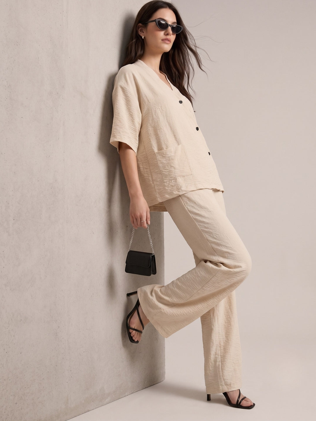 Beige V Neck Blouse With Wide Leg Trousers Co-Ord Set