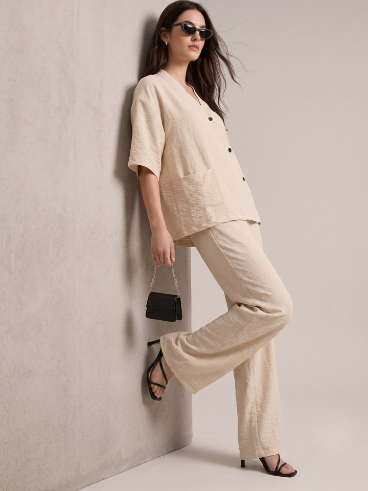 Beige V Neck Blouse With Wide Leg Trousers Co-Ord Set