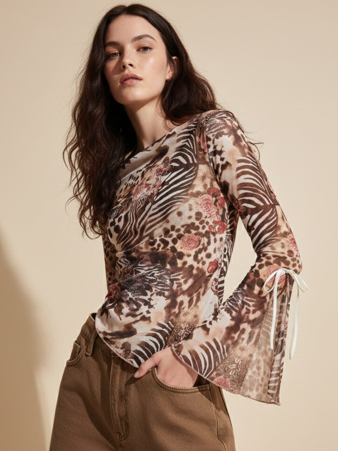 Multi Boat Neck Printed Mesh Top