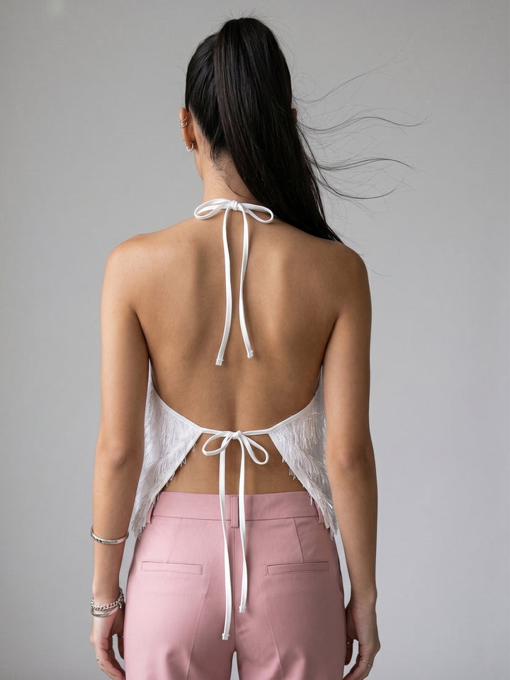 White Halter Neck Furry Top
