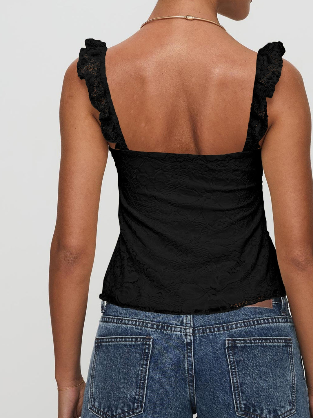 Black Ruffle Strap Textured Fitted Tank
