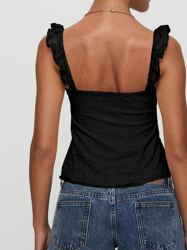 Black Ruffle Strap Textured Fitted Tank