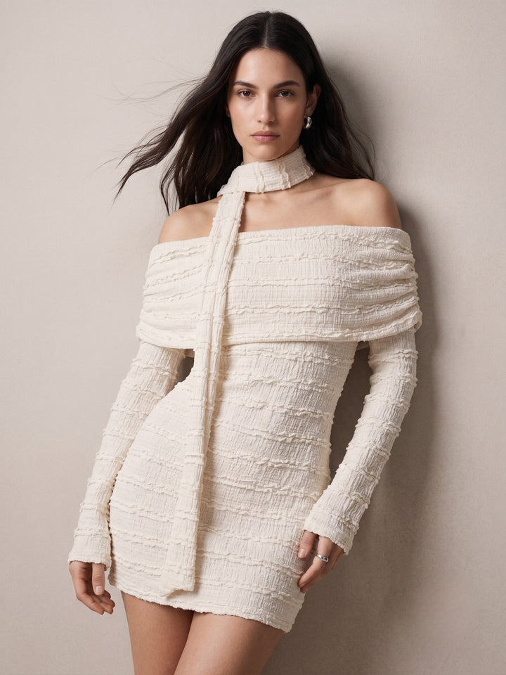 Off White Off-Shoulder Textured Dress With Scarf