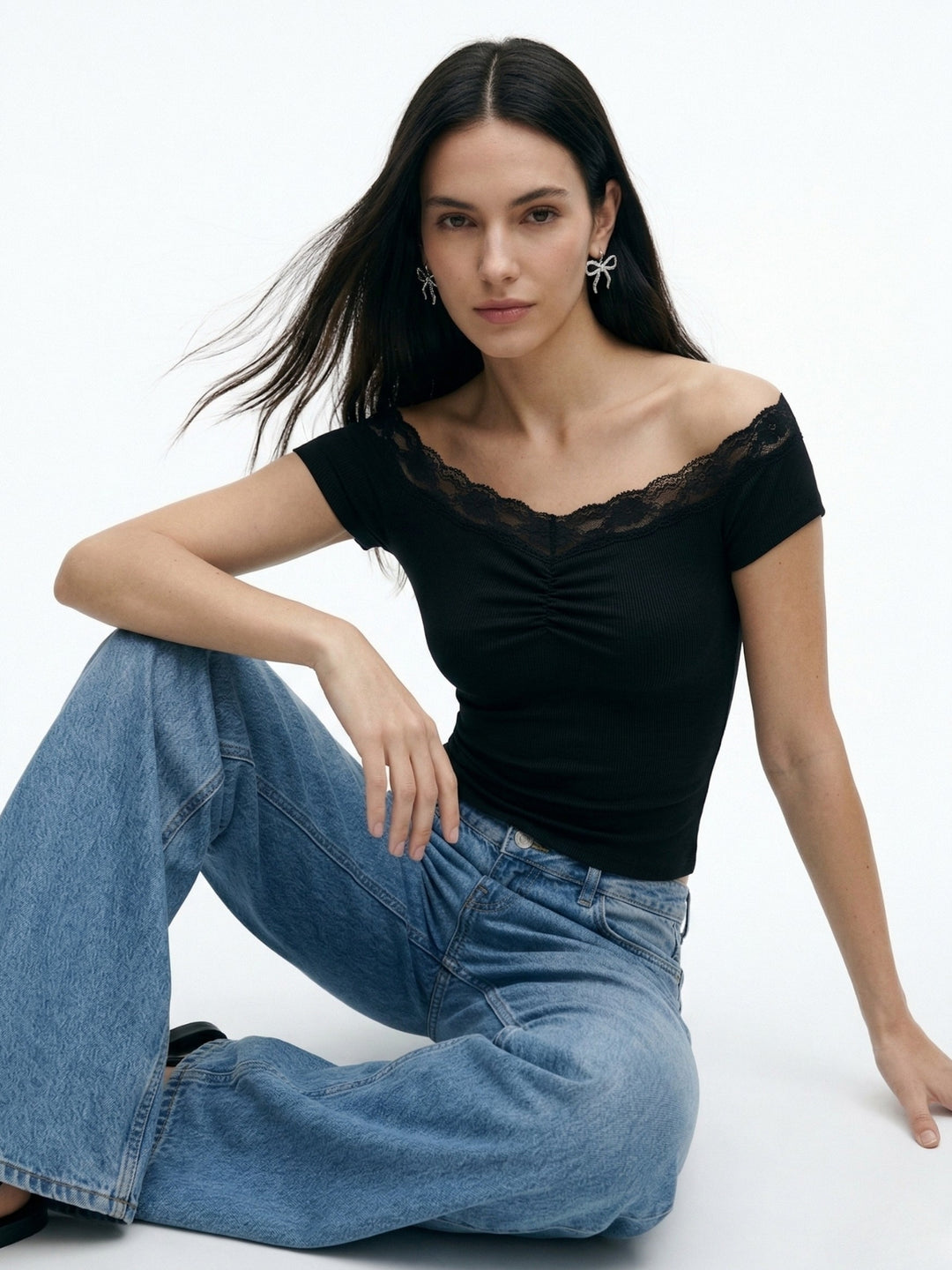Black Off Shoulder Lace Detail Top