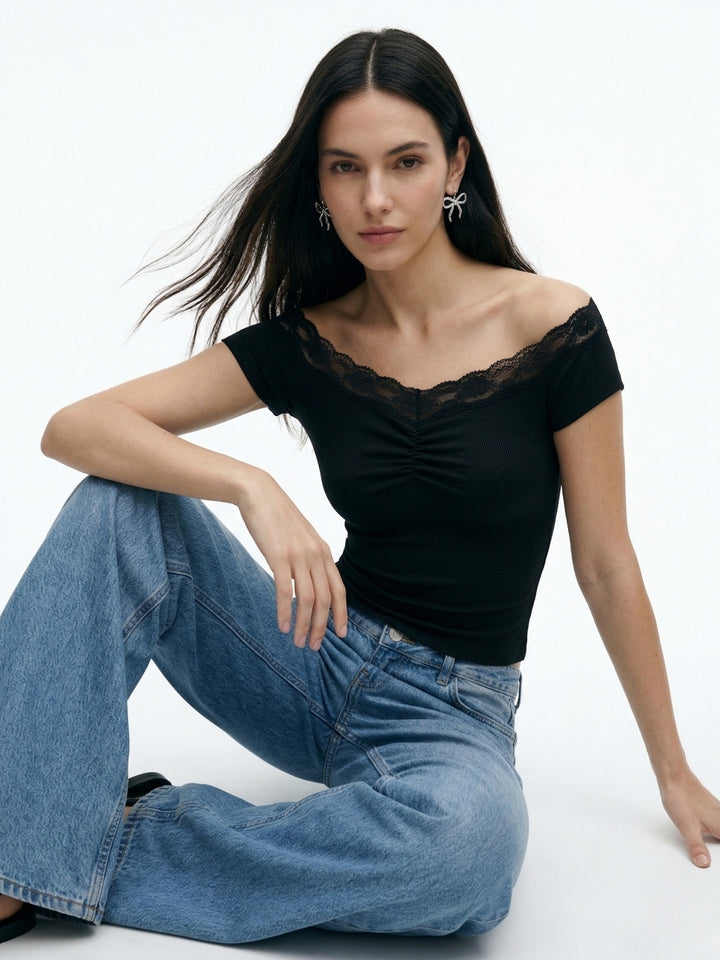 Black Off Shoulder Lace Detail Top
